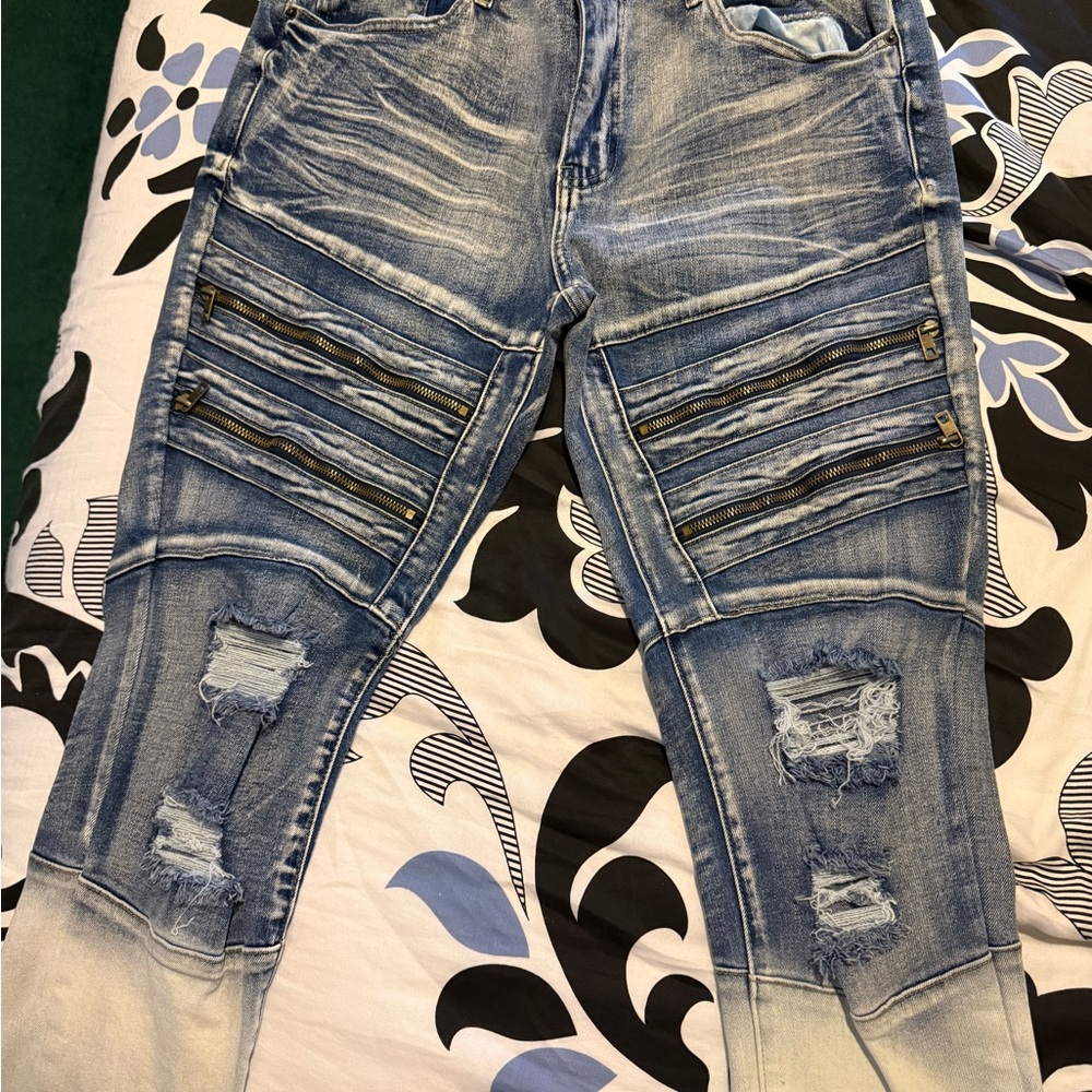 Fashion Nova Blue Distressed Slim Jeans
